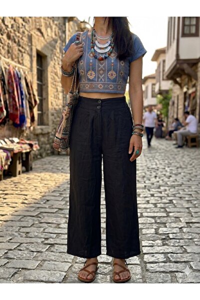 AYASOFYA OTANTIK Γυναικείο ιταλικό μαύρο παντελόνι από 100% λινό, με ελαστική...