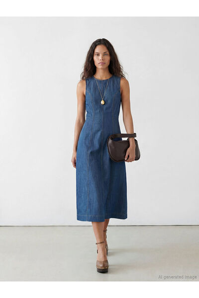 LC Waikiki Mavi Belden Oturtmalı Jean Elbise