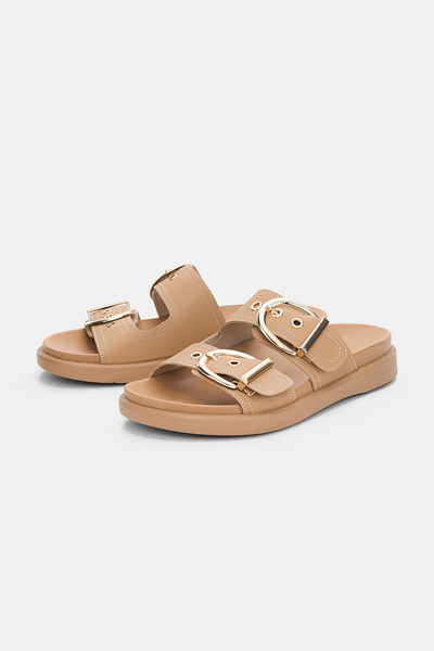 selin shoes Virel Ayarlanabilir Çift Gold Toka Detaylı Kadın Terlik- TABA