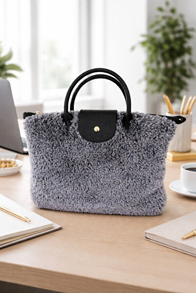 lunera Plush Gray Women's Shoulder & Hand Bag - with Strap, Zipper, Large Siz...