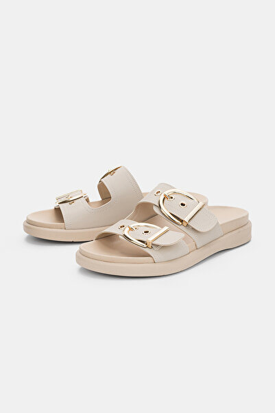Virel Adjustable Double Gold Buckle Detailed Women's Slippers- BEIGE