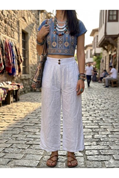 AYASOFYA OTANTIK Γυναικείο ιταλικό λευκό παντελόνι με ελαστική μέση, τσέπες σ...