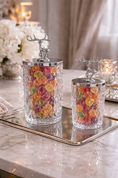 RASHA COLLECTION Geğik Desen Gümüş Kapaklı Kristal Cam Şekerlik
