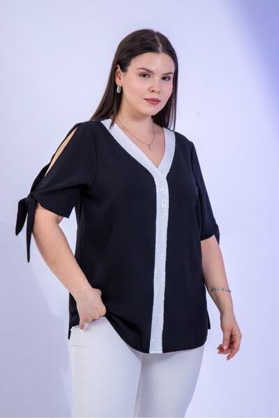 Roxxlen Γυναικεία μπλούζα μεγάλου μεγέθους με λεπτομέρειες από παγιέτες, μαύρη