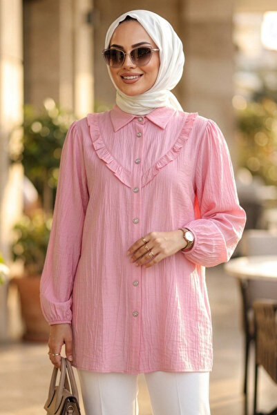 N.S NEVA STYLE Ροζ Τουνίκ Χιτζάμπ με Κουμπιά 10693P