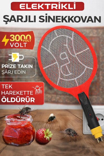 xolo Şarjlı Kırmızı Sinek Raket Eko Prizden Şarjlı Haşere Kovucu Sivrisinek Ö...