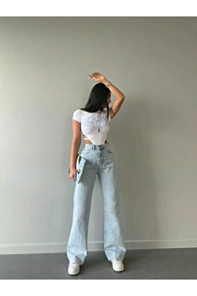 BİENAL BUTİK Ρωμαϊκό γυναικείο παντελόνι Ice Snow Wash Blue Lycra Super ψηλόμ...