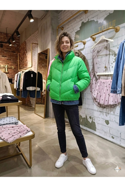 diğer588 Denim Yaka Detaylı Yeşil Şişme Mont - Fermuarlı Jean Kombinli Mont