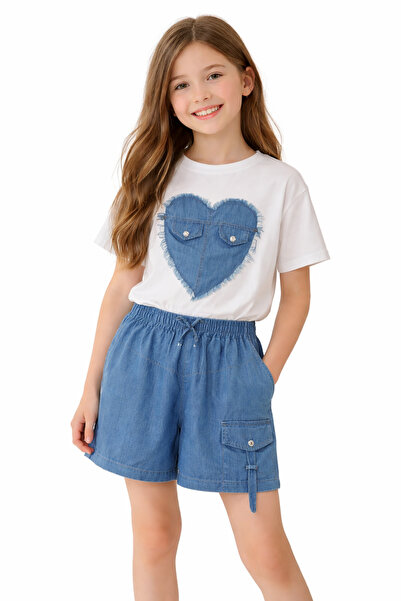 İrem Çocuk Giyim Girl's Heart Patterned Front Cover Pocket Model T-Shirt and ...