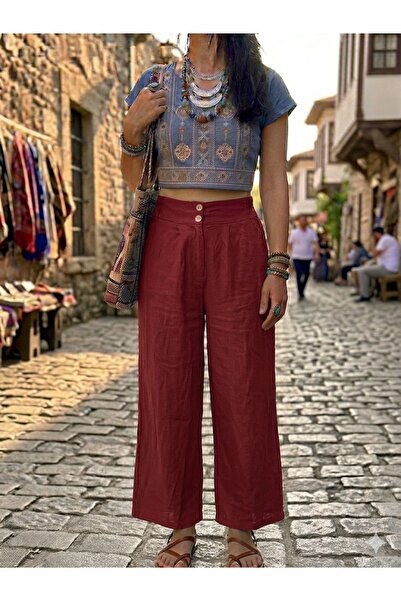 AYASOFYA OTANTIK Γυναικείο ιταλικό παντελόνι μπορντό με ελαστική μέση, τσέπες...