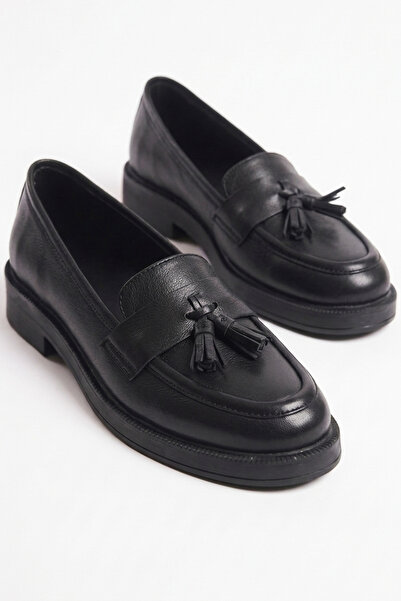 GRADA Μαύρα δερμάτινα γυναικεία παπούτσια loafer με φούντες από γνήσιο δέρμα,...