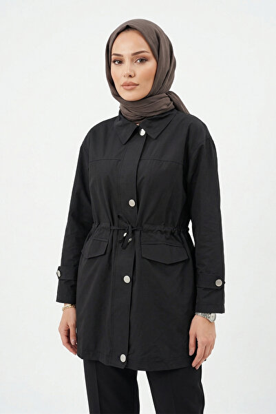 Lale Butik Button Detailed Waist-Tie Cap Jacket 2862 Black