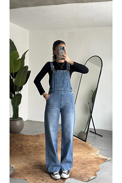 asfamoda Γυναικεία μπλε τζιν φόρμα με τιράντες, τζιν παντελόνι σαλοπέτα, καθη...