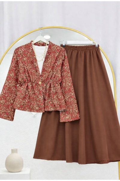 MODA VEDAT Women's Jacket Patterned Skirt Suit -0550