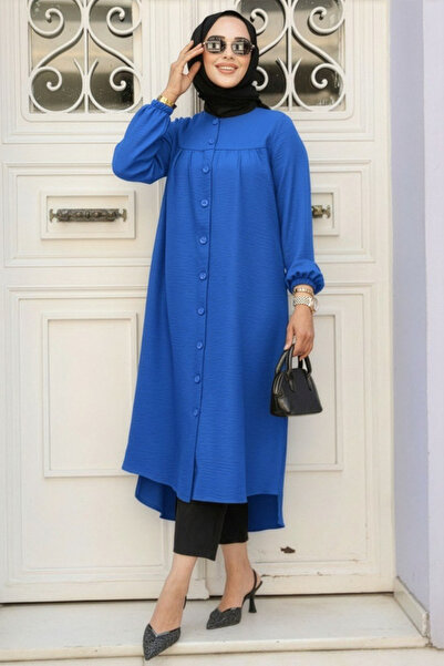 N.S NEVA STYLE Buttoned Sax Blue Hijab Tunic 5642Sx