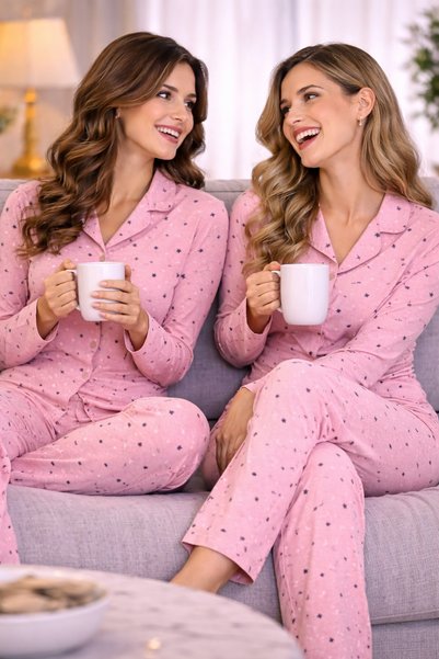 Hipnos Pink Star Printed 100% Cotton Shirt Collar Long Sleeve Women's Pajama Set
