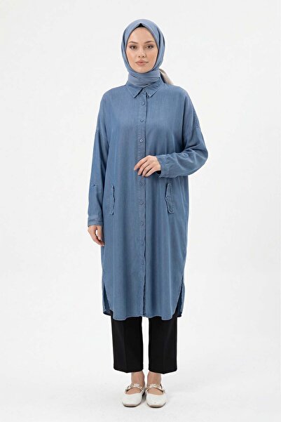 Lale Butik Lyocell Shirt Long Tunic 7509 Blue