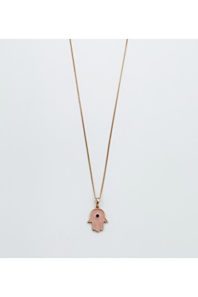 18K Rose Gold Plated Pembe Mineli Fatma Ana Eli Kolye