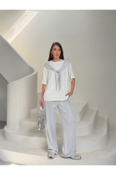 LE CARAMBOLE Women's White-Grey Shoulder Strap Detailed Top and Bottom Set