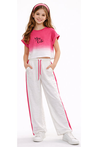 İrem Çocuk Giyim Girl's You Cute Written Pink Double Color T-Shirt and Side S...