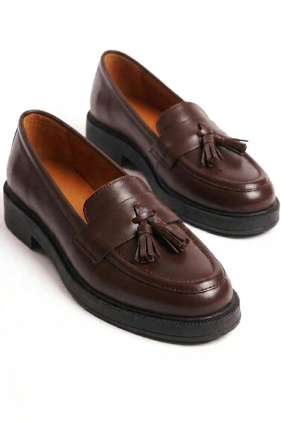 GRADA Γυναικεία Loafer Παπούτσια από Γνήσιο Δέρμα με Καφέ Φούντες, Γυναικεία ...