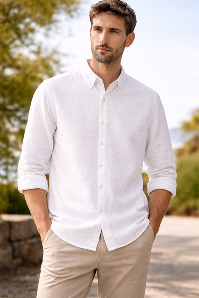 mavisima erkek giyimi Cămașă albă cu mânecă lungă pentru bărbați, lejeră, res...