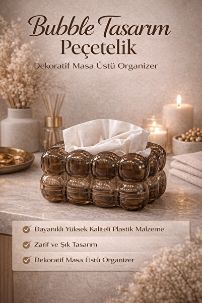 DİVAYS Bubble Tasarım Peçetelik Şeffaf Kahve Plastik Dekoratif Masa Üstü Orga...