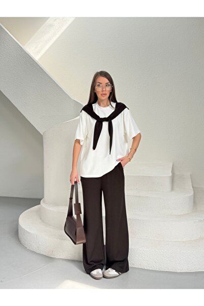 LE CARAMBOLE Women's White-Brown Shoulder Strap Detailed Top and Bottom Set