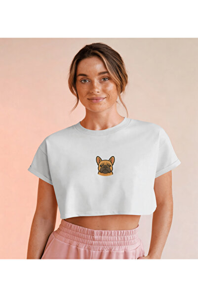 French Bulldog Minimal Göğüs Baskı Crop Tişört – Premium Köpek Ikon Tasarım
