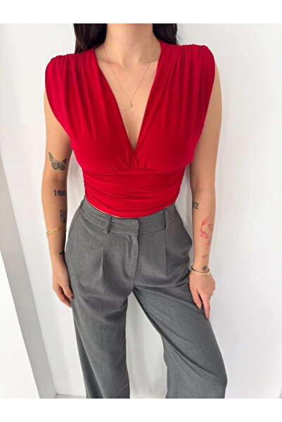 Alfanora Women's Padded Sleeveless V-Neck Draped Crop Blouse Lycra Fit - Red