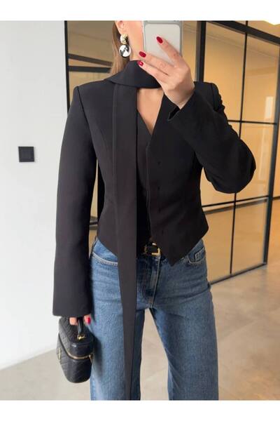 qeteen Kadın Boyun Bağlamalı Tasarım Blazer Ceket - Asimetrik Kesim