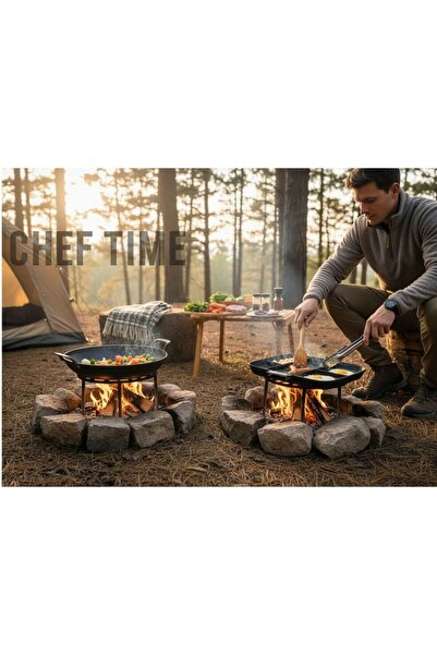 CHEFTİME 2'li Set 5 Gözlü Döküm Kamp Tavası & Döküm Sac Kavurma Tavası