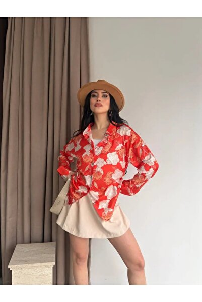 Cool & Sexy Women's Red Floral Patterned Satin Shirt