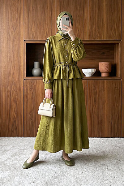 MODAQU Σετ με πέτρινα κουμπιά και φούστα ζακάρ με σχέδια - Πράσινο λαδί