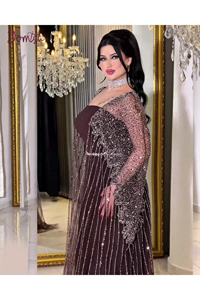 domiga فستان سهرة شيفون فاخر مع كاب مطرز ترتر لامع