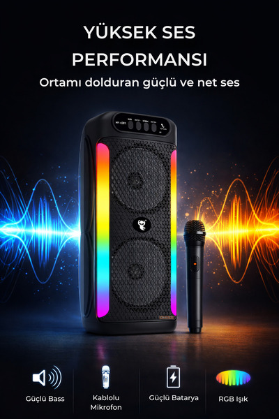 Omaze RGB LED Karaoke Bluetooth Hoparlör Mikrofon Dahil Kablosuz Taşınabilir Bluetooth Speaker
