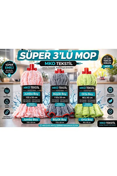 MKO TEKSTİL SÜPER EMİCİ MİKROFİBER PREMİUM 3'LÜ MOP BAŞLIĞI SETİ