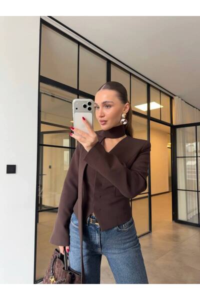 qeteen Kadın Boyun Bağlamalı Tasarım Blazer Ceket - Asimetrik Kesim