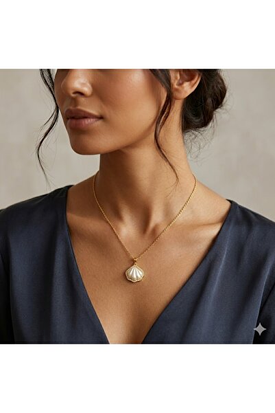 shop İstiridye Model, Sıralı Taşlı, Gold, Paslanmaz Çelik Kolye