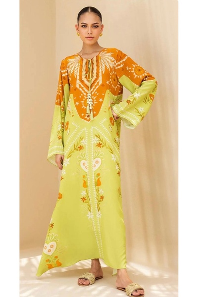 Dresses فستان كافتان مطبوع للنساء - لون ليموني