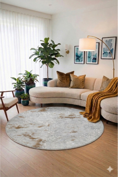 Babil Home 6018 Gri Yuvarlak Halı Yıkanabilir Kaymaz Taban Leke Tutmaz Modern...