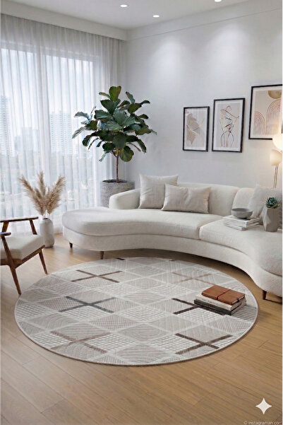 Babil Home 6006 Bej Yuvarlak Halı Yıkanabilir Kaymaz Taban Leke Tutmaz Şık De...