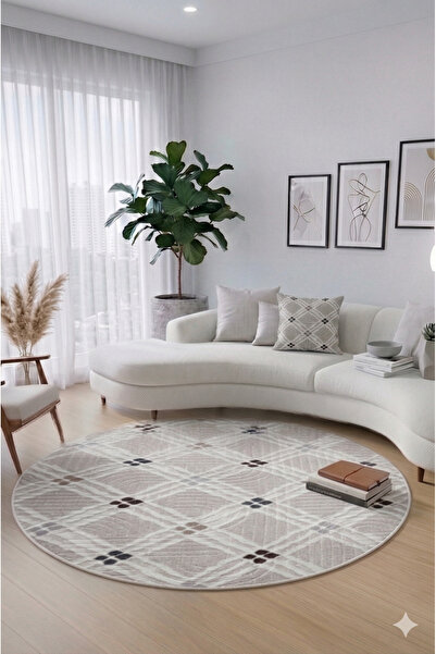 Babil Home 6010 Bej Yuvarlak Halı Kaymaz Taban Yıkanabilir Leke Tutmaz Trend ...
