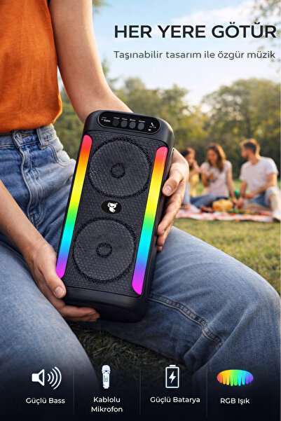 Omaze RGB LED Karaoke Bluetooth Hoparlör Mikrofon Dahil Kablosuz Taşınabilir Bluetooth Speaker
