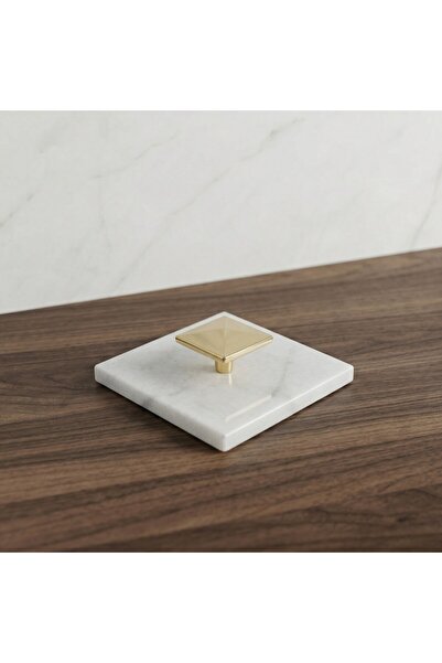 FARALYAHOME Doğal Beyaz Mermer Banyo ve Duş Gider Kapağı (10x10 cm) Gold Kulp...