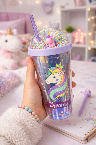 MİS KİTCHEN Unicorn Figürlü Pipetli Çocuk Matara Işıltılı Sızdırmaz Kapaklı R...
