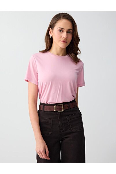 Jimmy Key Ροζ κοντομάνικο πλεκτό μπλουζάκι με λαιμόκοψη ποδηλατικού τύπου