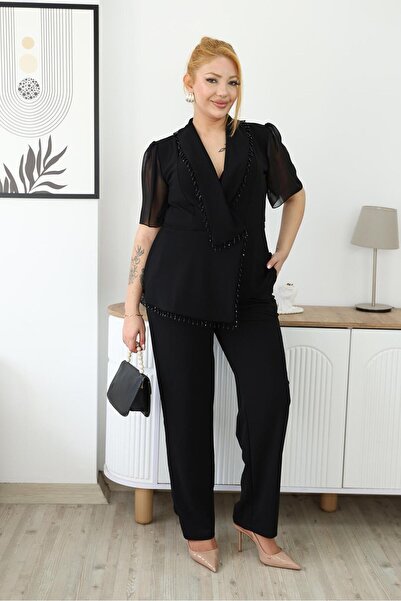 Siyezen Σετ παντελονιού με κοντομάνικο μπουφάν με χάντρες και λεπτομέρειες σε...