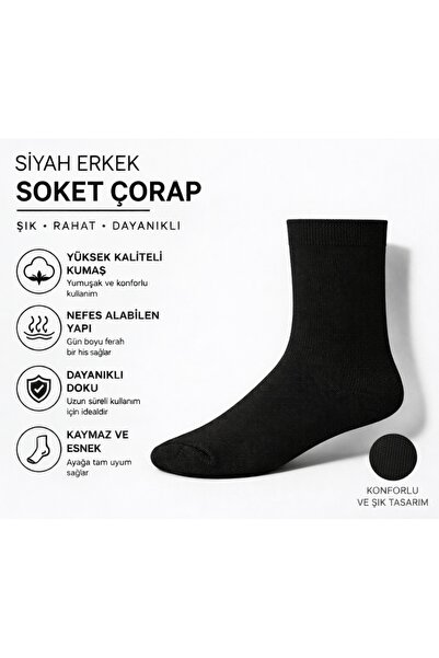6 Çift Siyah Soket Çorap | Terletmeyen, Kokusuz, Unisex Pamuklu Günlük Çorap Seti