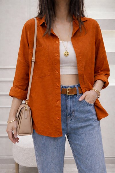 İnazuma Outdoors Women's Linen Orange Shirt Summer Oversize Shirt New Season